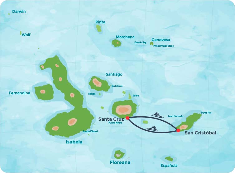 Mapa con la ruta en lancha desde la isla santa cruz a la isla san cristóbal y vicebersa en Galápagos.