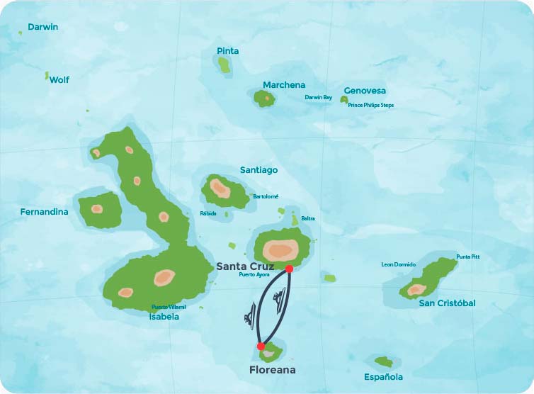 Mapa con la ruta en lancha desde la isla santa cruz a la isla Floreana en Galápagos.