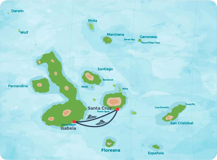 Mapa con la ruta en lancha desde la isla santa cruz a la isla santa Isabela en Galápagos.